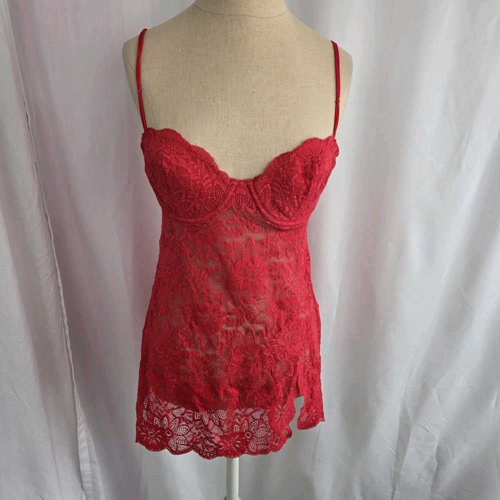 Victoria's Secret Vtg Red Lace Nightgown Size 34C Slip Dress Nightie Underwired